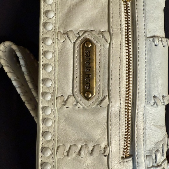 Isabella Fiore Cream Leather Clutch/wristlet with Tassel, Buckle, and studs - Picture 10 of 12